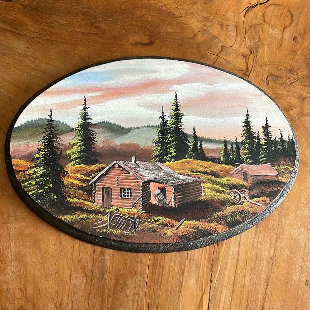 Ray Senft vintage hand painted wood log cabin in the woods forest nature 1970s